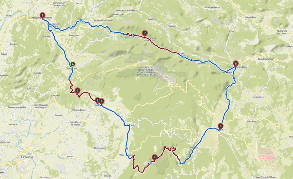 Karte Rennradtour Gorge de las Nesque und um den Mont Ventoux